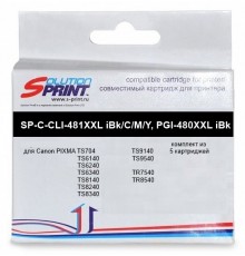 Комплект картриджей Sprint SP-C-CLI-481XXL iBK, 481XXL iC, 481XXL iM, 481XXL iY, PGI-480XXL iBK для Сanon (цветной, чёрный, пигмент чёрный 4590 стр., цветной 830 стр.)